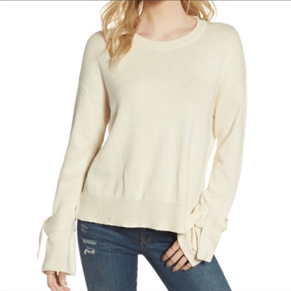 Madewell Size Small Cream Tie Cuff Long Sleeve Pullover Crewneck Sweater
